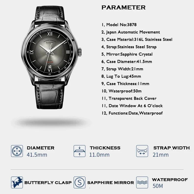 Borman Mens Automatic Watches Luxury Male Dress Watch Mechanical Wristwatch Fashion Waterproof Sapphire Gradient Dial Auto Date