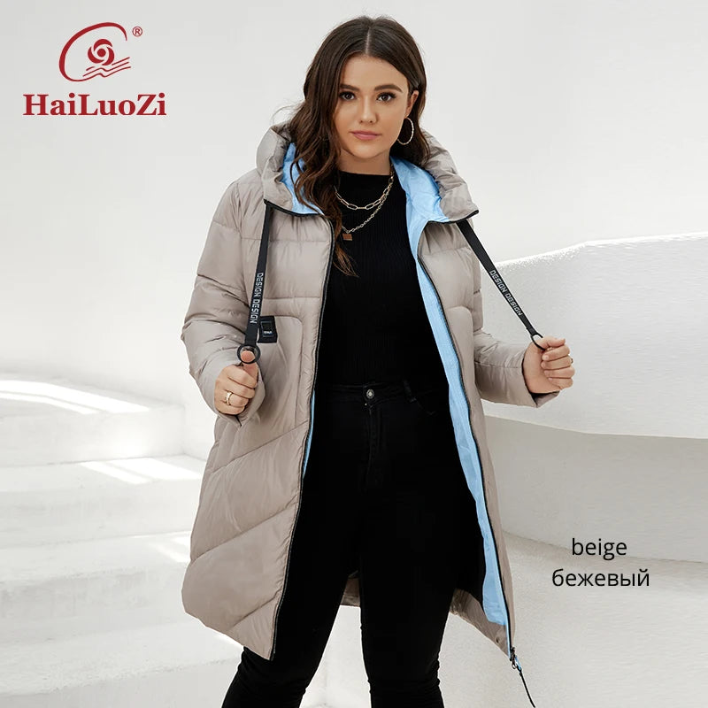 HaiLuoZi 2022 Winter Women's Jackets Thick Cotton Big Pockets Hood Zipper Quilted Parka Oversize Female Casual Women Coat 6896