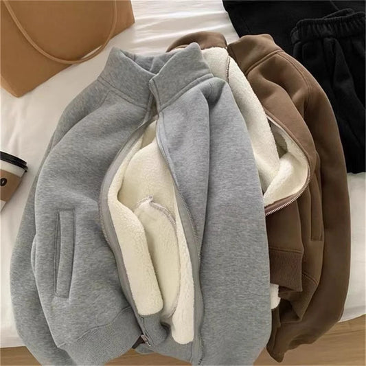 Women Autumn Winter Sweatshirt Coat Zip Up Solid Long Sleeve Stand Neck Jacket Lady Fashion Casual Street Vintage Coats Outwear
