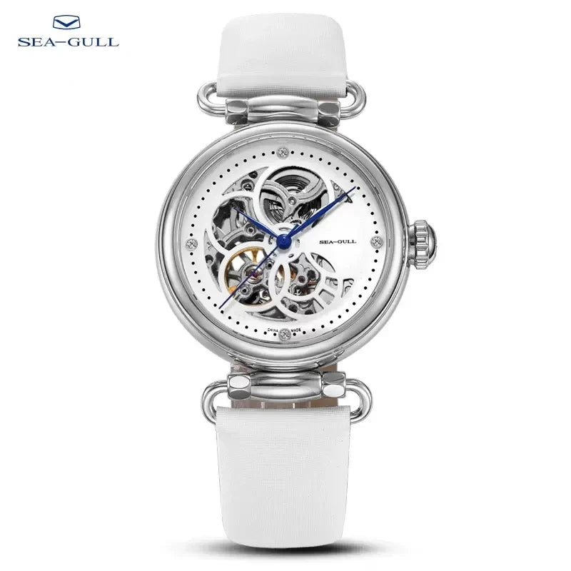 Seagull Fashion Women's Watch Leather Strap Waterproof Skeleton Automatic Mechanical For Ladies Watch Necklace Set 6002L Series