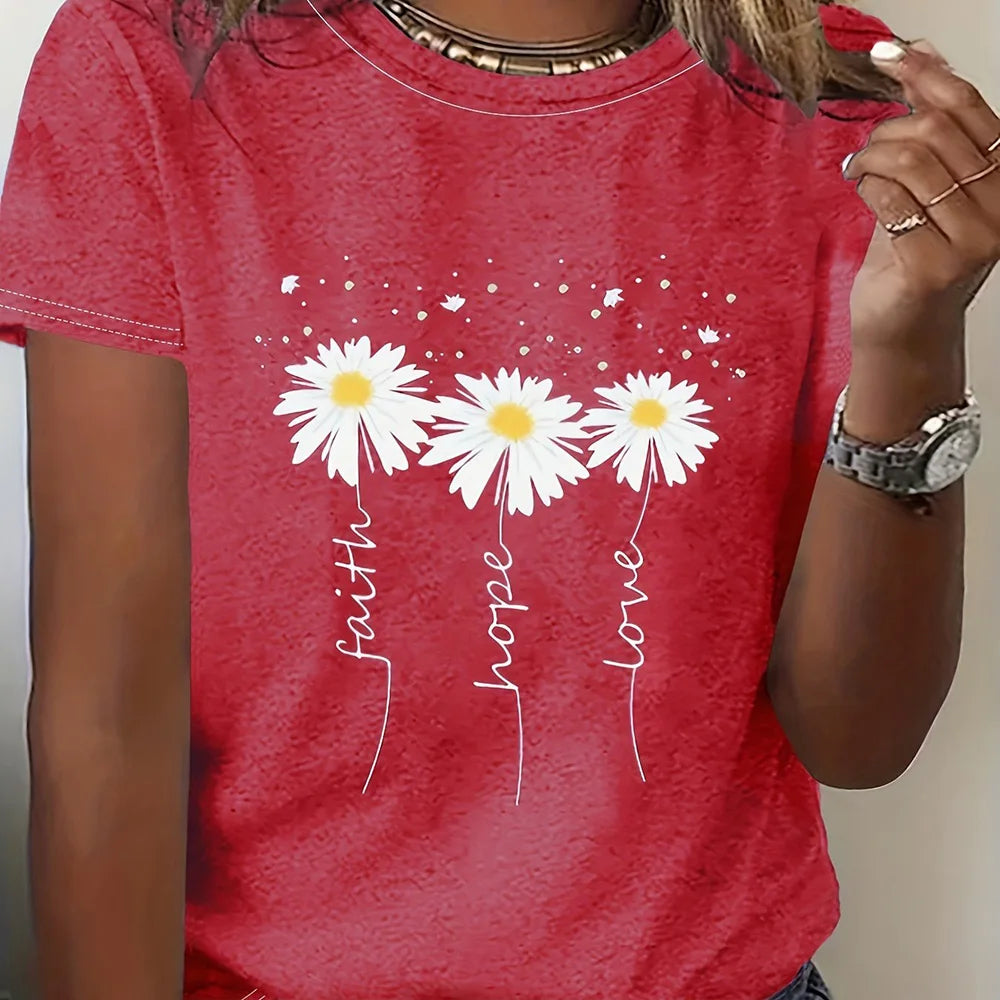 Women's Gradient T-shirt Fashion Flower Print Loose Round Neck Top Casual Comfortable Short Sleeve Women's Party T-shirt 2024