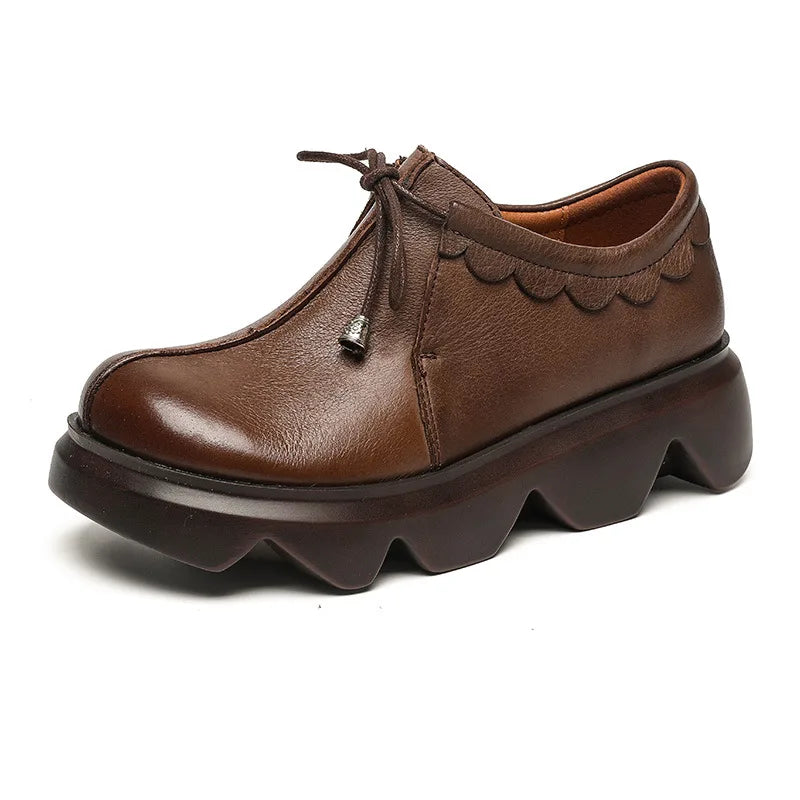 Round Head Leather Women's Shoes With Sloping Heel And Thick Soles