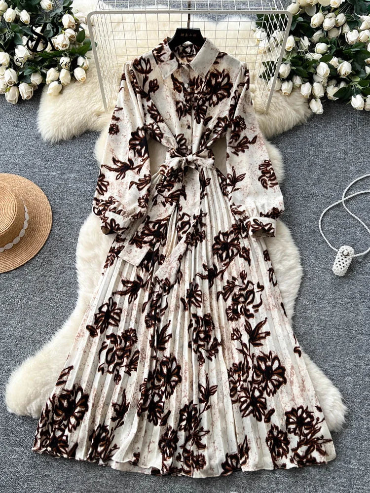 SINGREINY France Vintage Print Long Dress 2025 Autumn Sashes Pleated Maxi Dresses Female Elegant High Quality Large Swing Dress