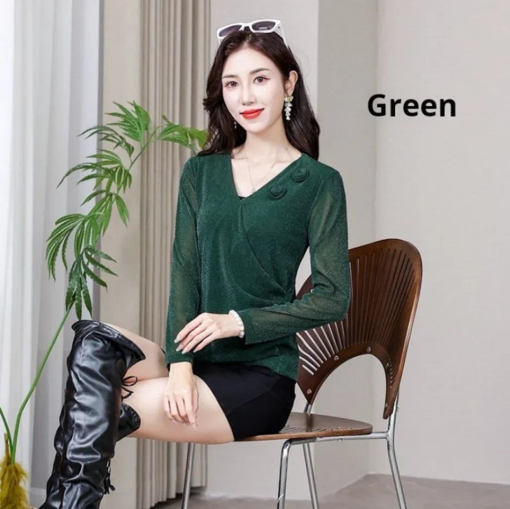 Women's Clothing Autumn Sexy V Neck 3D Flower Ruched Elegant Basic T-shirts Fashion Bright Silk Long Sleeve Slim Pullover Tops