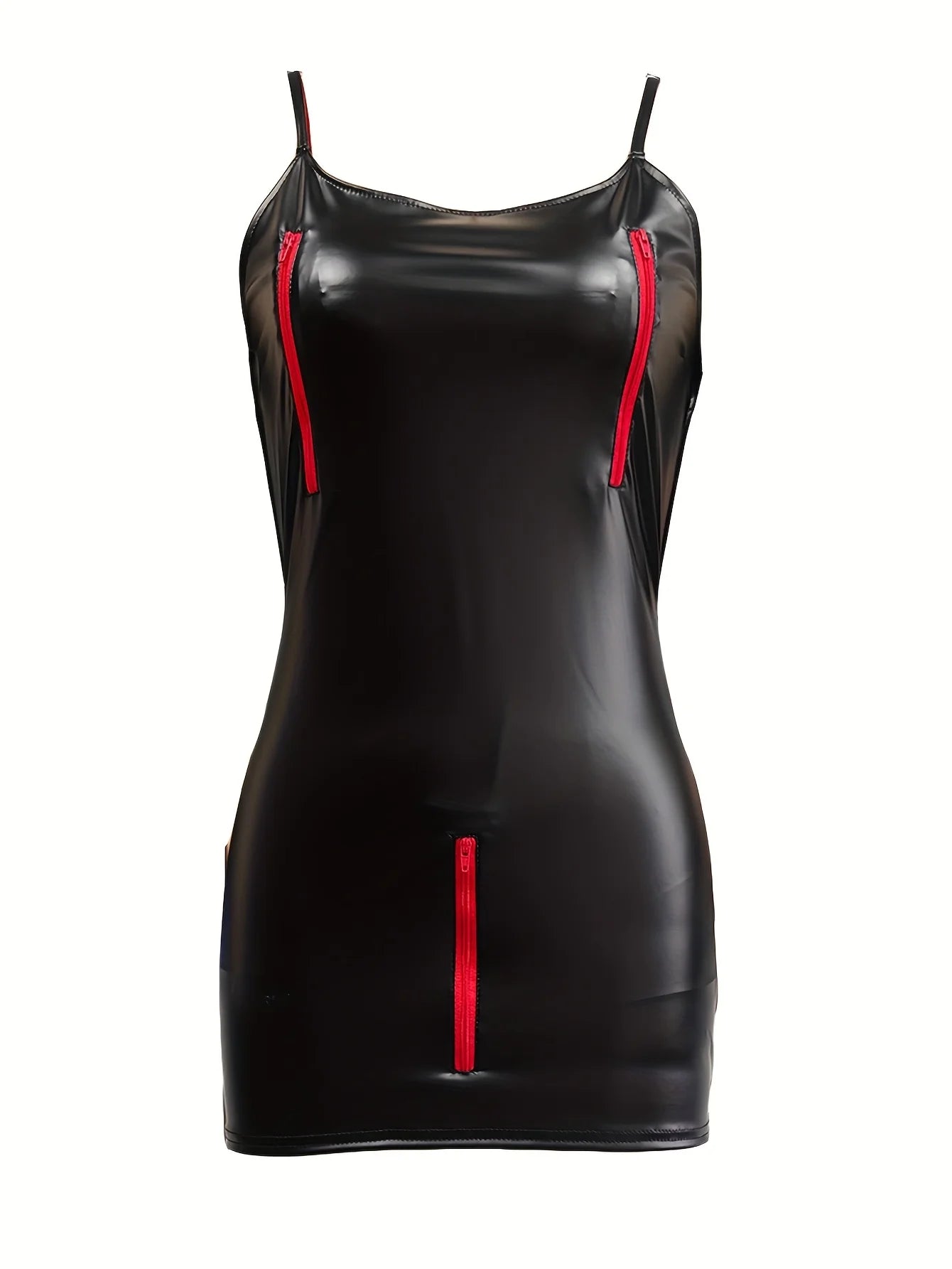 Sexy Faux Leather Backless Dress Multi Zip Dress Spaghetti Strap Dress Dance Pole Clubwear Nightdress Summer Clothing for Women