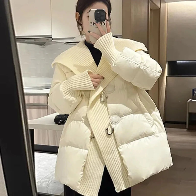 Winter Thick Mid Long Cow Horn Buckle Jacket Women Fashion White Duck Down Parka Outwear Female Large Lapel Loose Down Jacket