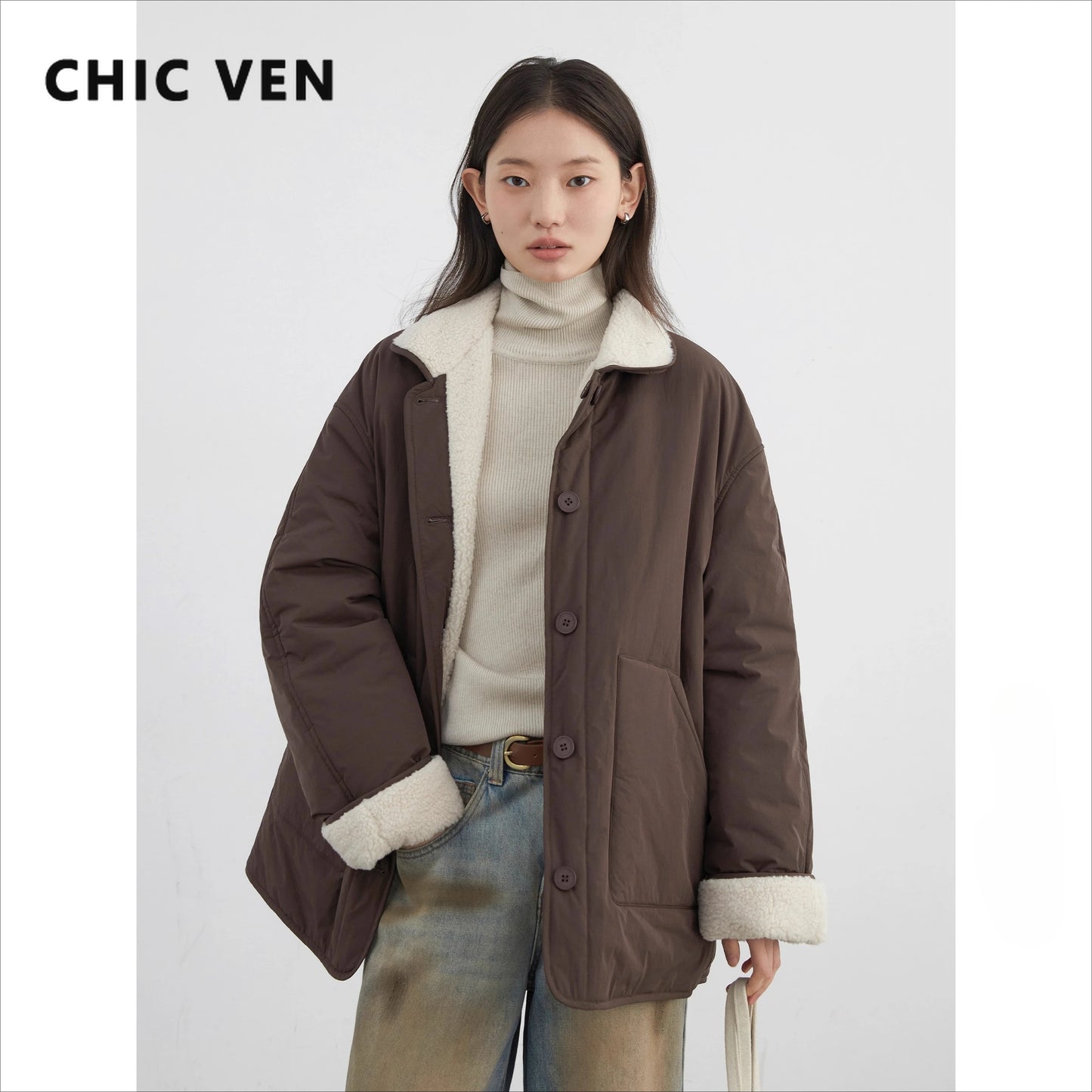 CHIC VEN New Korean Women Parkas Single Breasted Loose Casual Thick Female Jacket Reversible Coat Winter 2025