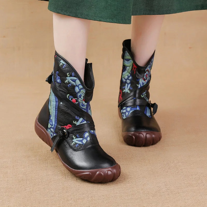 Xiuteng 2023 Ethnic Style Printed Retro Genuine Leather Shoes Women's Boots For Warmth And Comfort Cotton Ankle Shoes
