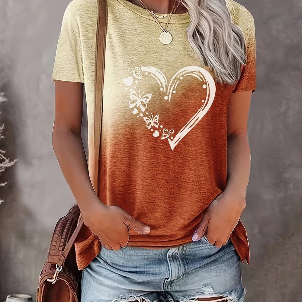 Women's Gradient T-shirt Fashion Flower Print Loose Round Neck Top Casual Comfortable Short Sleeve Women's Party T-shirt 2024