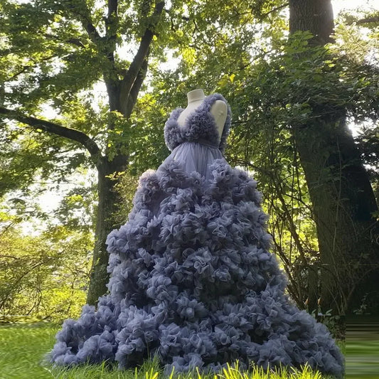 Dark Gray Pregnant Dress Ruffled V Neckline Lush Maternity Dresses Layered Tulle Tierred Maternity Dress for Photoshoot