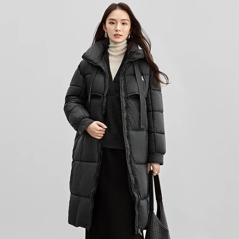 SENTUBILA Women's Long Parkas 2025 Winter Padding Coat Oversized Stand Neck Hooded Zipper Warm Outerwear Woman Clothes W44M58169