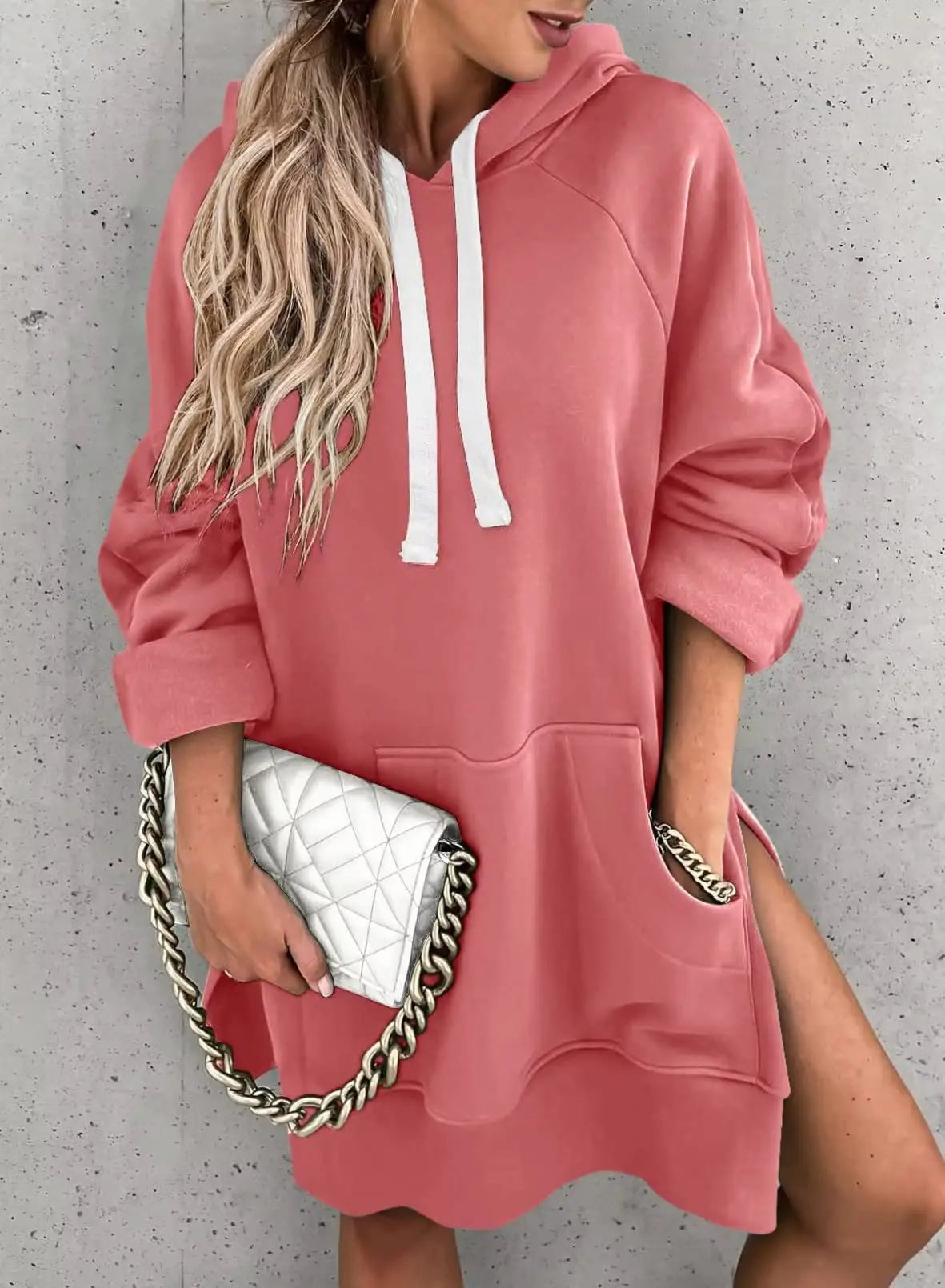 2025 European and American Foreign Trade Autumn and Winter New Women's Solid Color Hooded Mid-length Sweatshirt