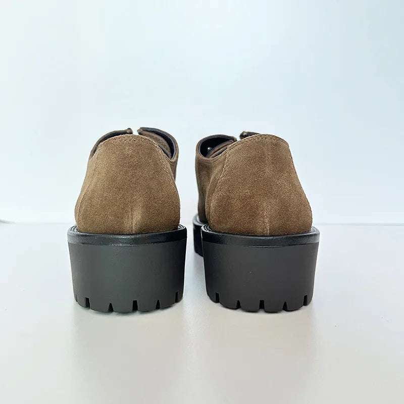 2025 New Products Women's Derby Shoes Genuine Leather Brown Suede Round-Toed Lace-up Thick Soled Versatile Loafer For Women