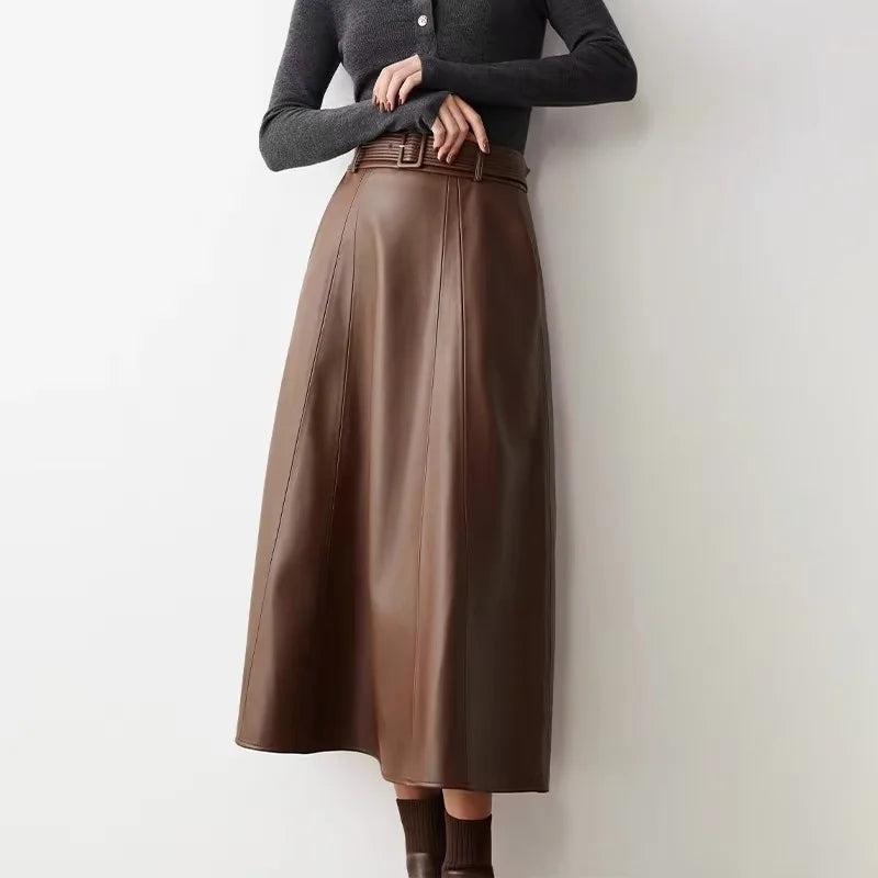 Burgundy Long Leather Skirt for Women 2025 Branded New French Elegant Genuine Sheepskin Umbrella Longuette With Belt Jupe Femme