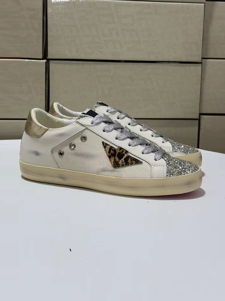 Spring Summer Fashion Party Casual Low-top Shiny Shoelaces Shoes Women's Sequins Round Toe Patchwork Flat Bottom Sports Shoes