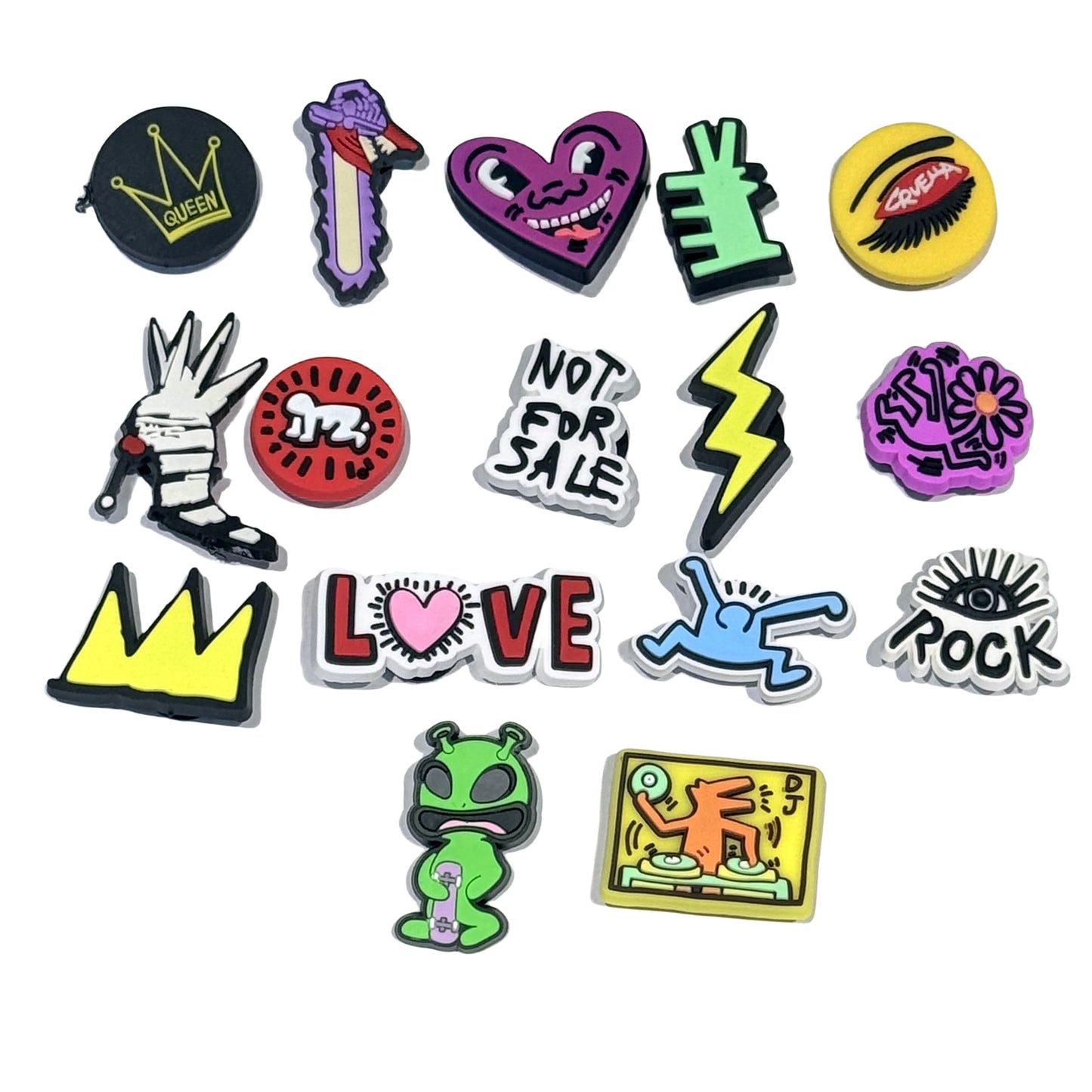 16Pcs Cartoon Graffiti Alien Crown High Heels Heart Lightning Rock Queen PVC Buckle Decorations Shoe Charms Fit Birthday Gift