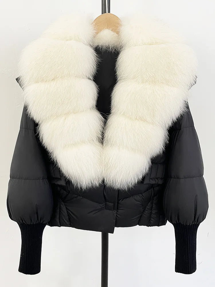 ZMEENNA Women's Black Puffer Down Jacket With Large Real Fur Collar Short Warm Winter Coat Knit Cuffs Elegant Outerwear ZM3377