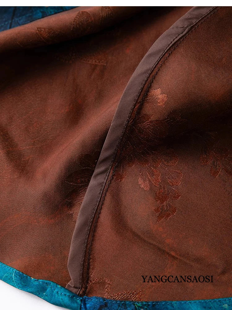 2025 Women's Fashion Spring New 100% Natural Mulberry Silk HuaLuo Gambiered Guangdong Gauze Slant Cut Slim Blue Big Swing Skirt