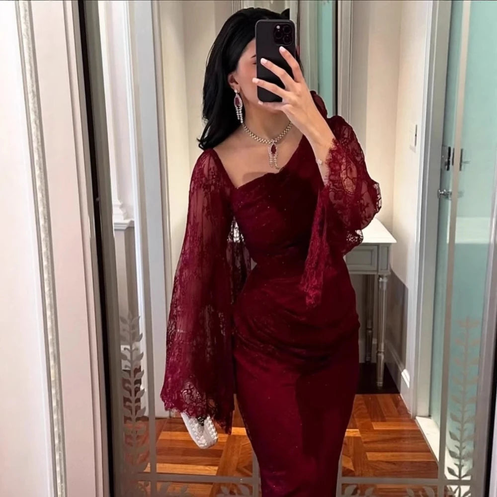 Burgundy Lace Daily Party Prom Gown Hot Sale Sexy Shimmering Evening Dress Illusion Long Sleeves Elegant Women Cocktail Wear