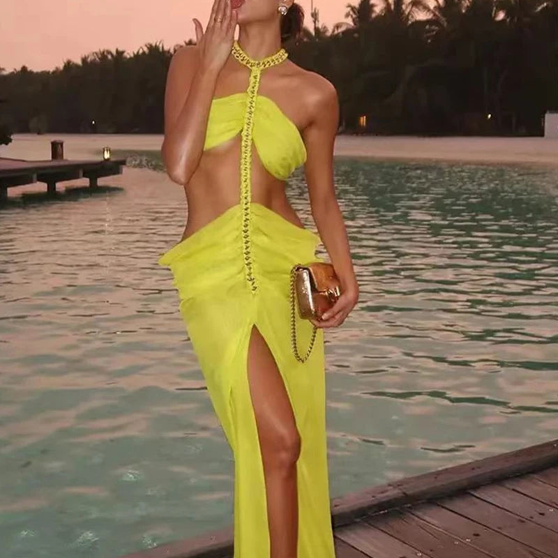 2025 women's backless sexy beach vacation dress with suspender collar   pleated metal chain, new elegant vacation dress design