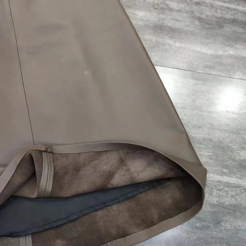 Spring New Genuine Leather Skirt For Women High Sense Vintage A-line 70 cm Jupe Longue Femme Simple Maxi Apricot Black Etekler