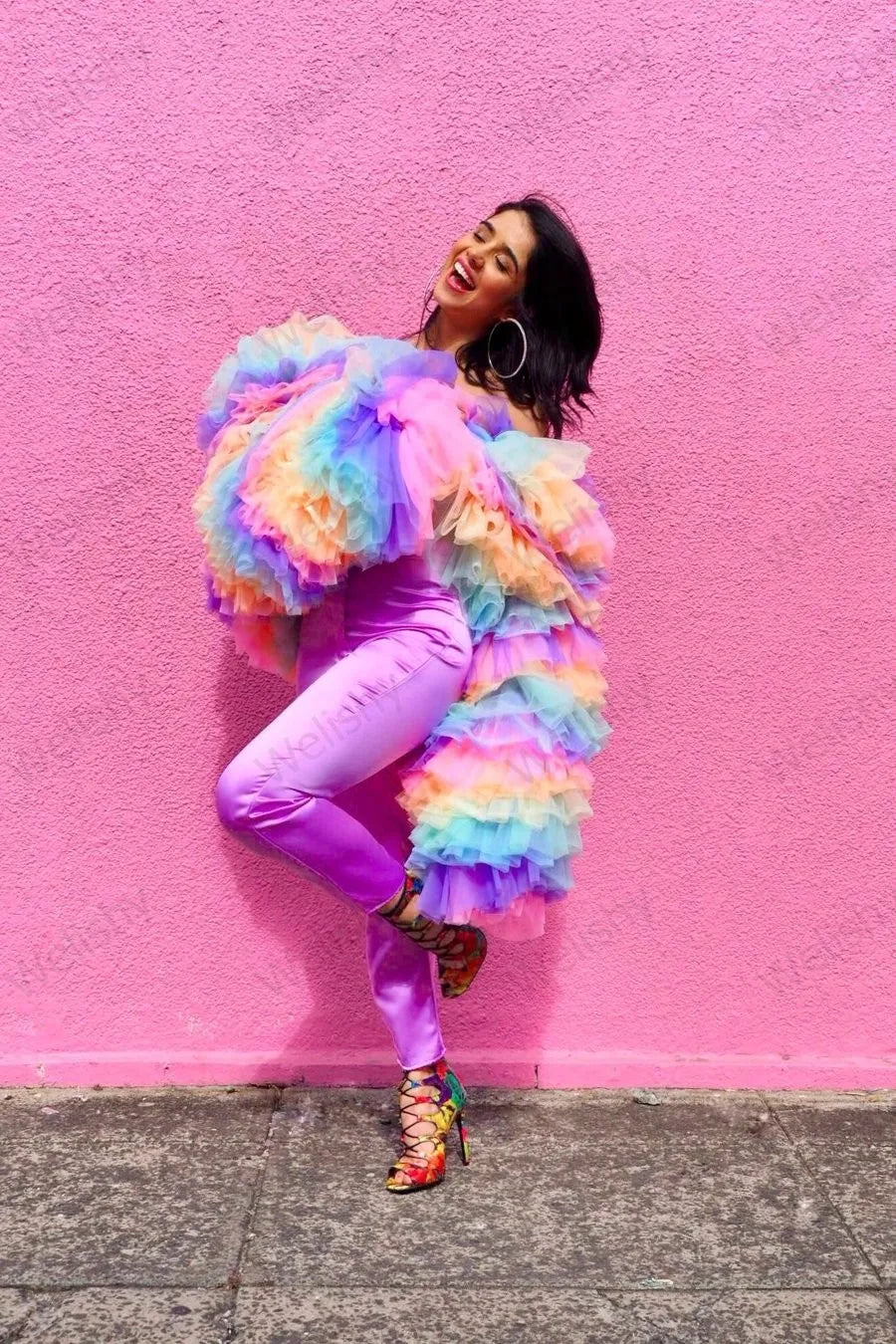 Chic Sexy Trendy Rainbow Color Blouse Pleated Ruffle Tulle Shirts Women 2022 Tiered Ruffles Sleeves Short Top Girls Party Tops