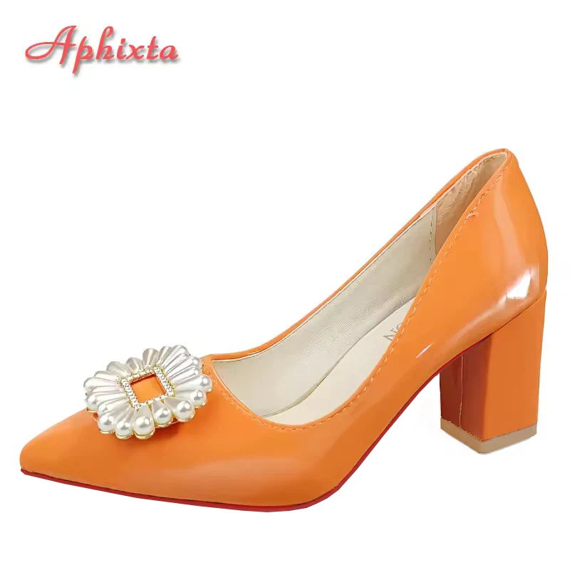 Aphixta 2025 Luxury Pearl Crystals Buckle Baby Pink Pumps Women Shoes Chunky Heel Parent-child Students Big Size 35-53