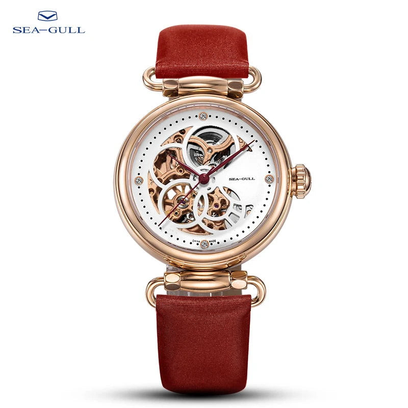 Seagull Fashion Women's Watch Leather Strap Waterproof Skeleton Automatic Mechanical For Ladies Watch Necklace Set 6002L Series