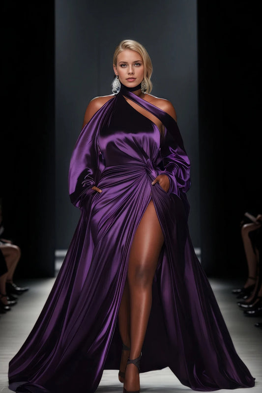 Plus Size Off the Shoulder Evening Long Dress Irregular High Split Satin Elegant Wedding Guest Party Club Purple Maxi Dresses
