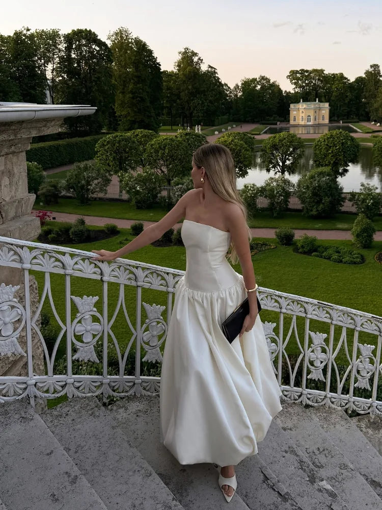 Elegant Solid Strapless A-line Bud Midi Dresses Women Chic Sleeveless High Waist Pleated Long Dress Summer Lady New Party Robes
