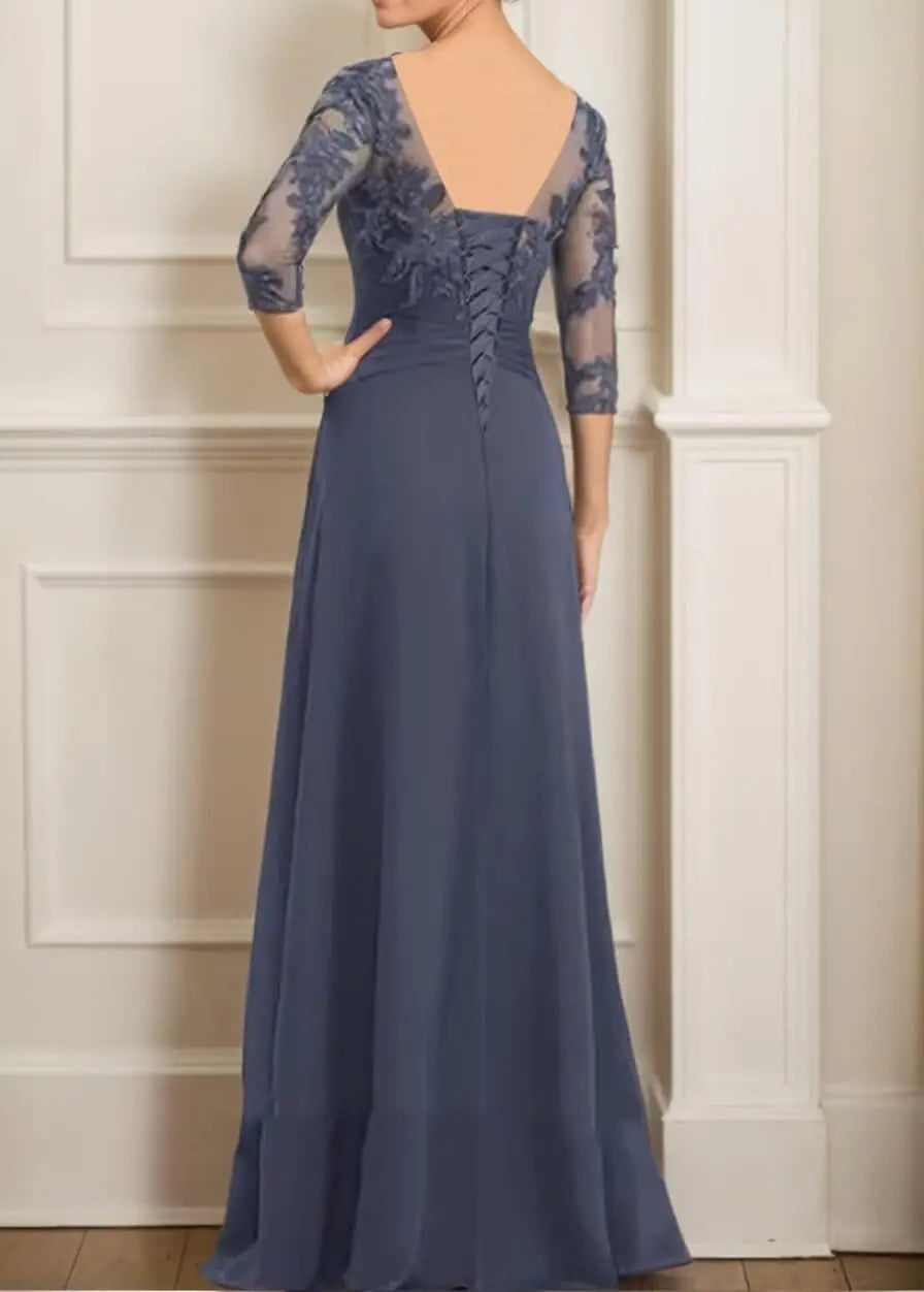 Women's Elegant Lace Mother of The Bride Dresses Scoop Neck Chiffon Ruffles Formal Evening Gowns A-Line Wedding Guest Gowns