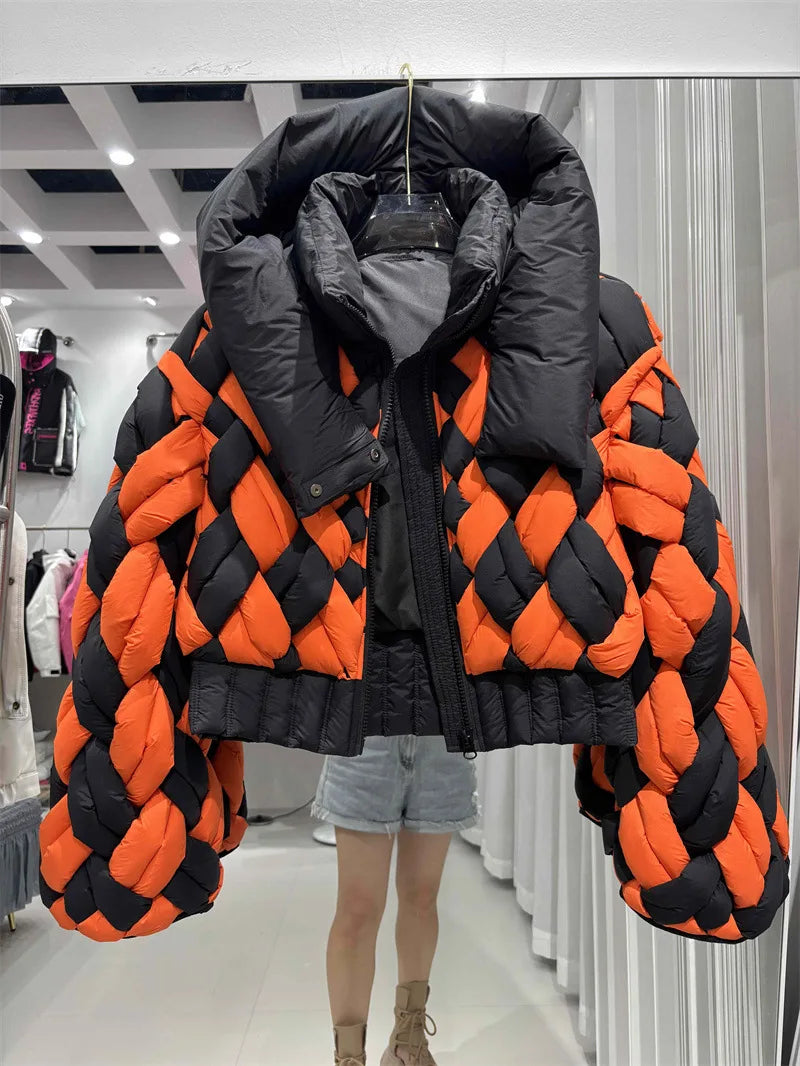 Winter Fashion Patchwork Twists Down Jacket Women White Duck Down Hooded Parker Outwear Female Zipper Loose Quilted Short Jacket