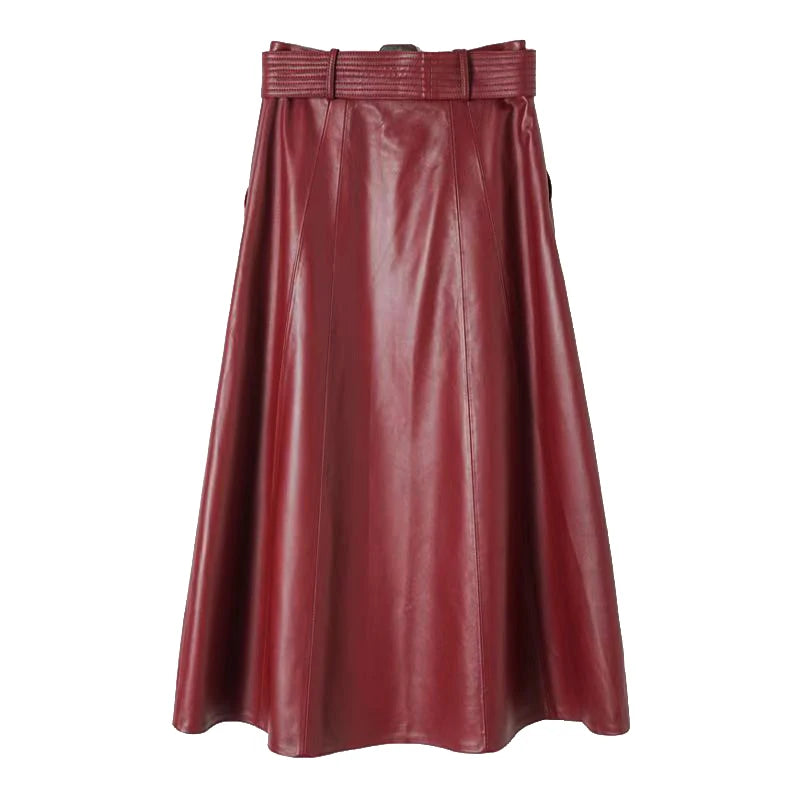 Burgundy Long Leather Skirt for Women 2025 Branded New French Elegant Genuine Sheepskin Umbrella Longuette With Belt Jupe Femme
