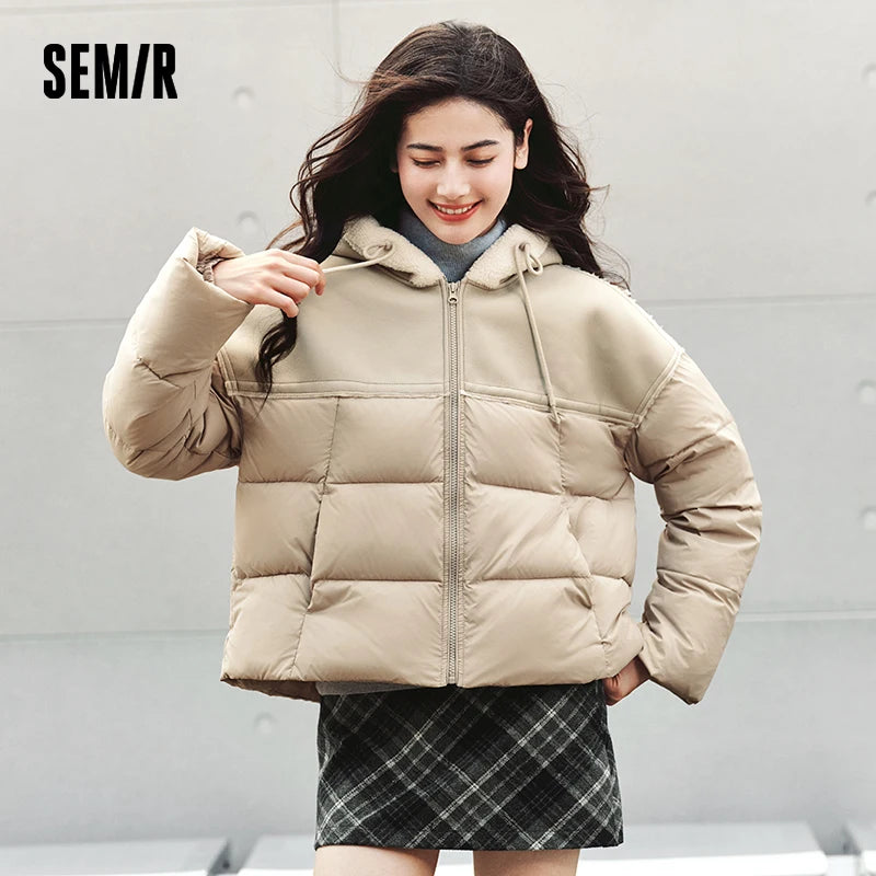 Semir Cotton Jacket Women Patchwork Loose Cotton Jacket Retro 2024 Winter New Furry Hooded Puffer Coat Trendy Cotton Jacket