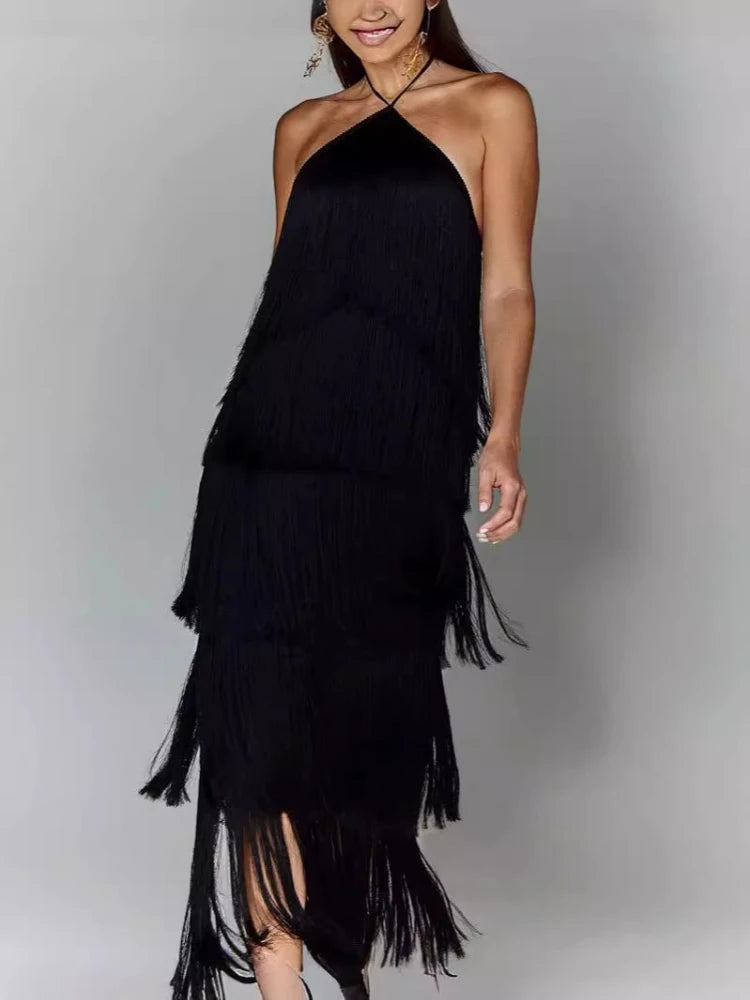 Chic Lady Night Party Robe Sexy Metallic Color Tassel Halter Lace Up Dress Elegant Backless Sleeveless Layered Slim Dresses