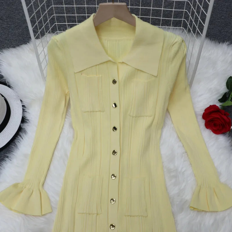 Winter Knitted Dress Women 2025 New Long Sleelve Ruffles Single Breasted Long Dresses Female Party Fashion Sweater Vestidos