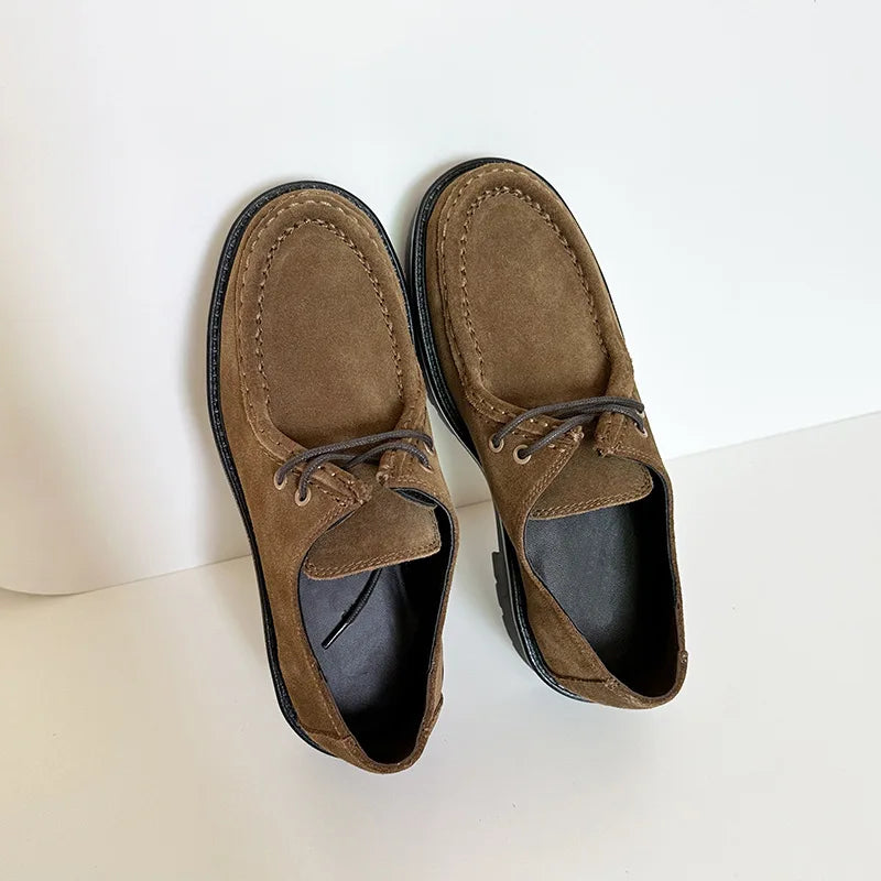 2025 New Products Women's Derby Shoes Genuine Leather Brown Suede Round-Toed Lace-up Thick Soled Versatile Loafer For Women