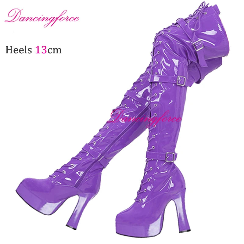 Sexy Green 13cm Chunky Heels Over Knee Boots 3 Buckles Belts Thick Platform Nightclub Party Dance Thigh High Long Boots Women