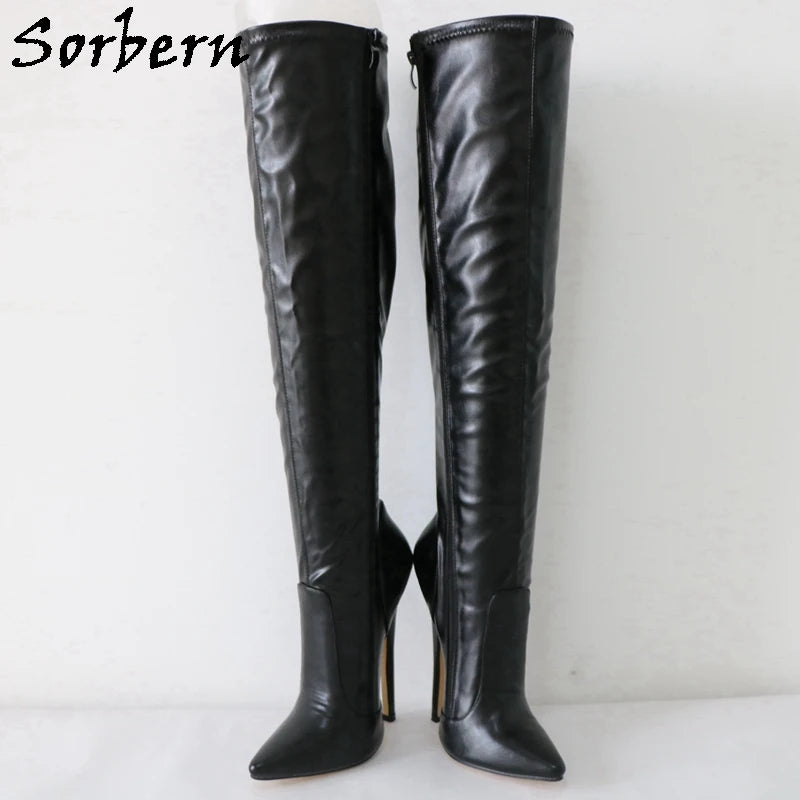 Sorbern Black Knee High Boots For Women 18Cm High Heel Stilettos Pointed Toe Custom Streched Matte Black Shoes