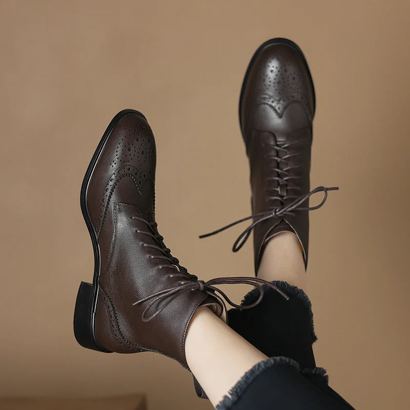 2025 Genuine Leather Boots Women Shoes Thick Sole Lace Up Autumn Winter Short Ankle Boots for Women High Heel Motorcycle Shoes