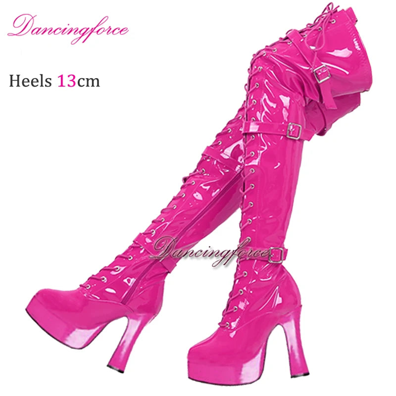 Sexy Green 13cm Chunky Heels Over Knee Boots 3 Buckles Belts Thick Platform Nightclub Party Dance Thigh High Long Boots Women