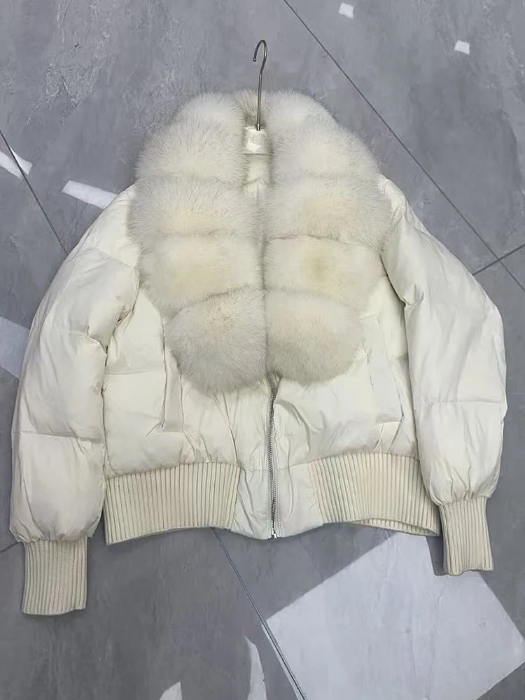 Winter Natural Big Fur Collar Down Jacket Women 90 White Duck Down Zipper Parker Outwear Female Warm Thick Quilted Cotton Jacket