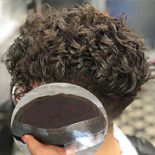2025 New Toupee Breathable Lace With Thin Skin PU Base Brown Human Hair Replacement System Male Hair Pieces 20mm Curly Men's Wig