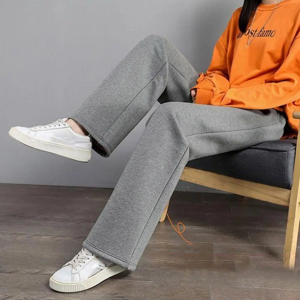Women Pants Autumn Winter Fleece Lining Pants Elastic High Waist Straight Wide Leg Pants Solid Color Loose Fit Long Trousers