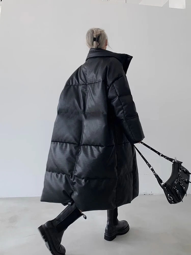 Winter Long Pu Leather Down Jacket Female Black Thick Warm Cotton Parka Outwears Women White Duck Down Knee Length Down Jackets