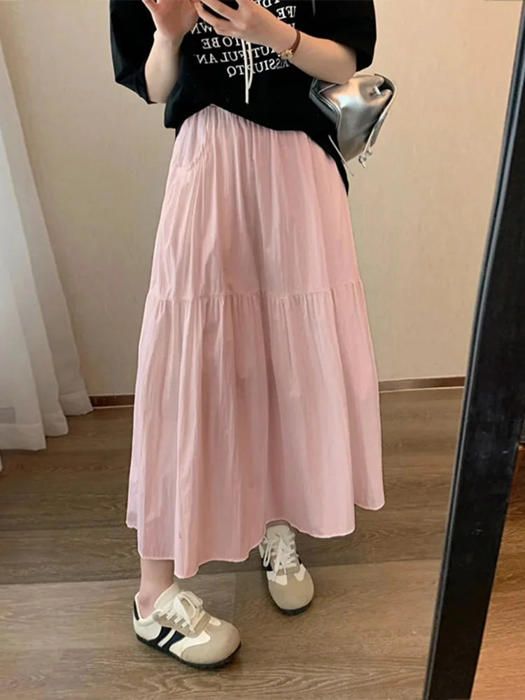 White Long Cake Skirt Women Summer Loose Yellow Skirts Ruffles Female High Waist Lazy Cake Midi Skirts With Pockets A Line Pink