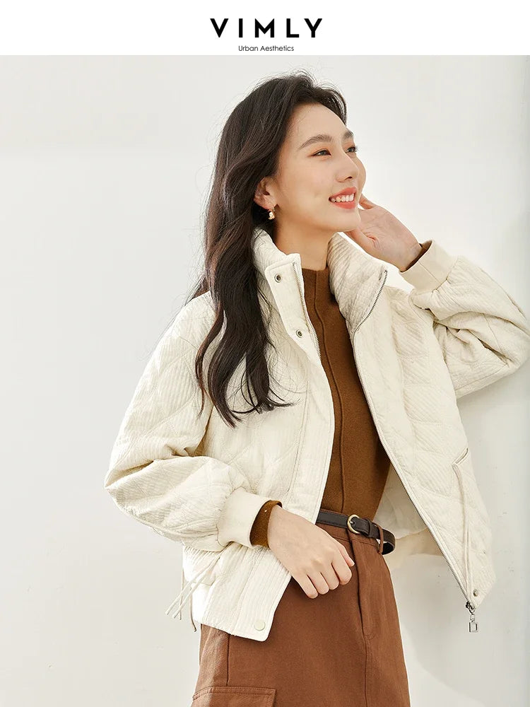 Vimly Cropped Argyle Quilted Jackets Women 2023 Casual Straight Loose Stand Collar Zipper Thick Warm Winter Coat for Women M3613