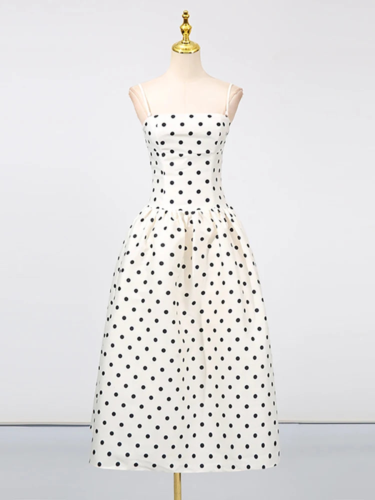 Sexy Spaghetti Strap Polka Dots A-line Dress Women Sleeveless Square Neck High Waist Long Dresses Elegant Evening Party Gowns