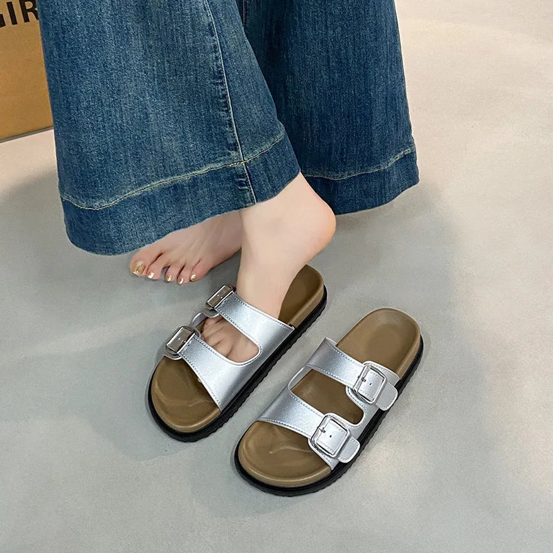 2025 New Style Summer Woman Elegant Fashionable Slippers Metal Buckles Comfortable High Quality Sandals Women's Shoes
