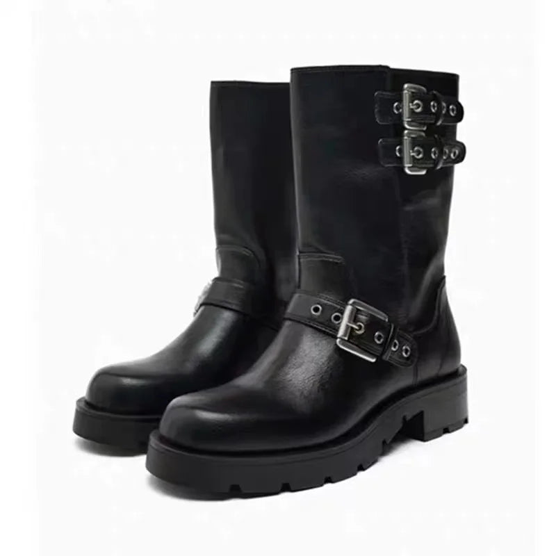 Women's Western Knight BootsWith Thi Heel And Belt Bule round Toe Motorcycle Boots  Boots Brown Autumn Winter